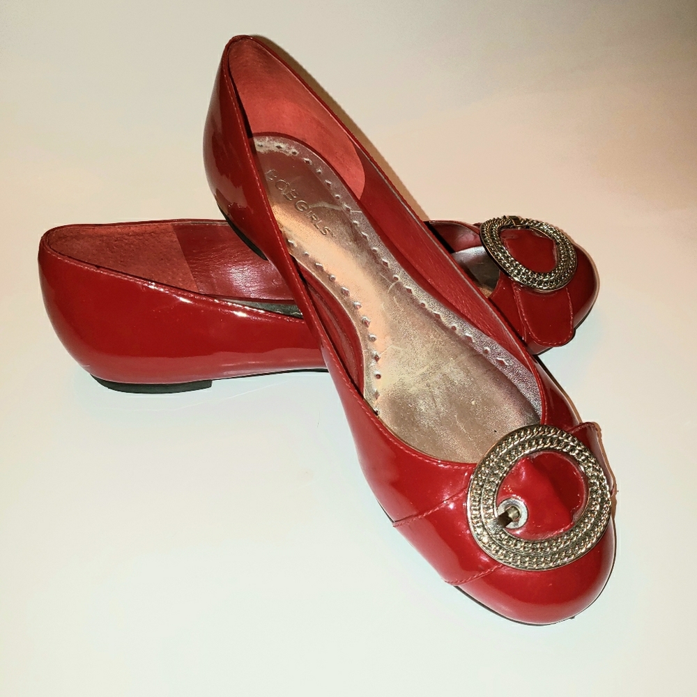 BCBG Patent Red Flats with Buckle, Size 8.5